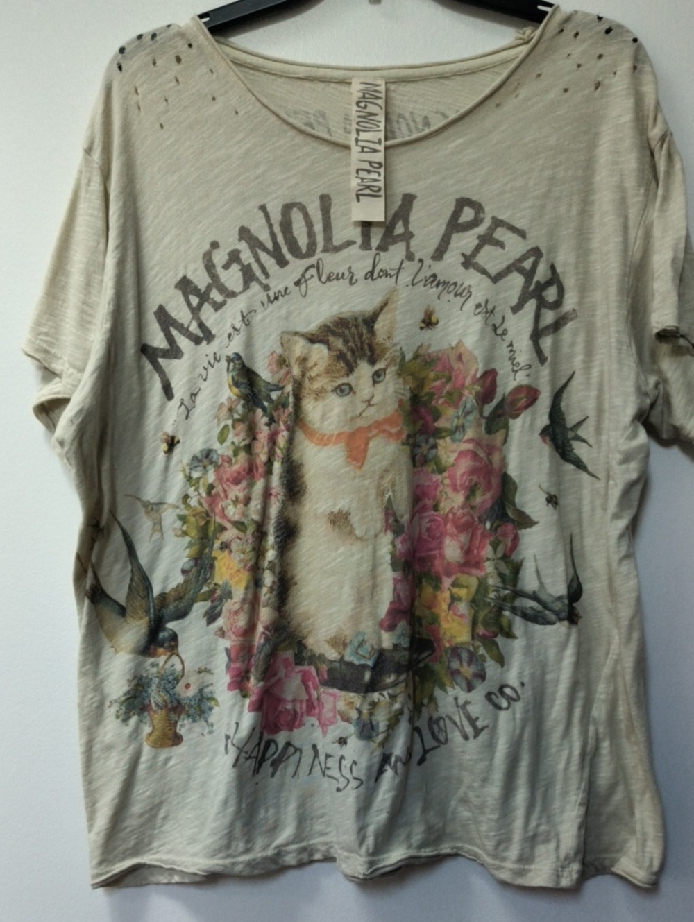 Magnolia Pearl Cream Tee with Pink Floral Cat Graphic